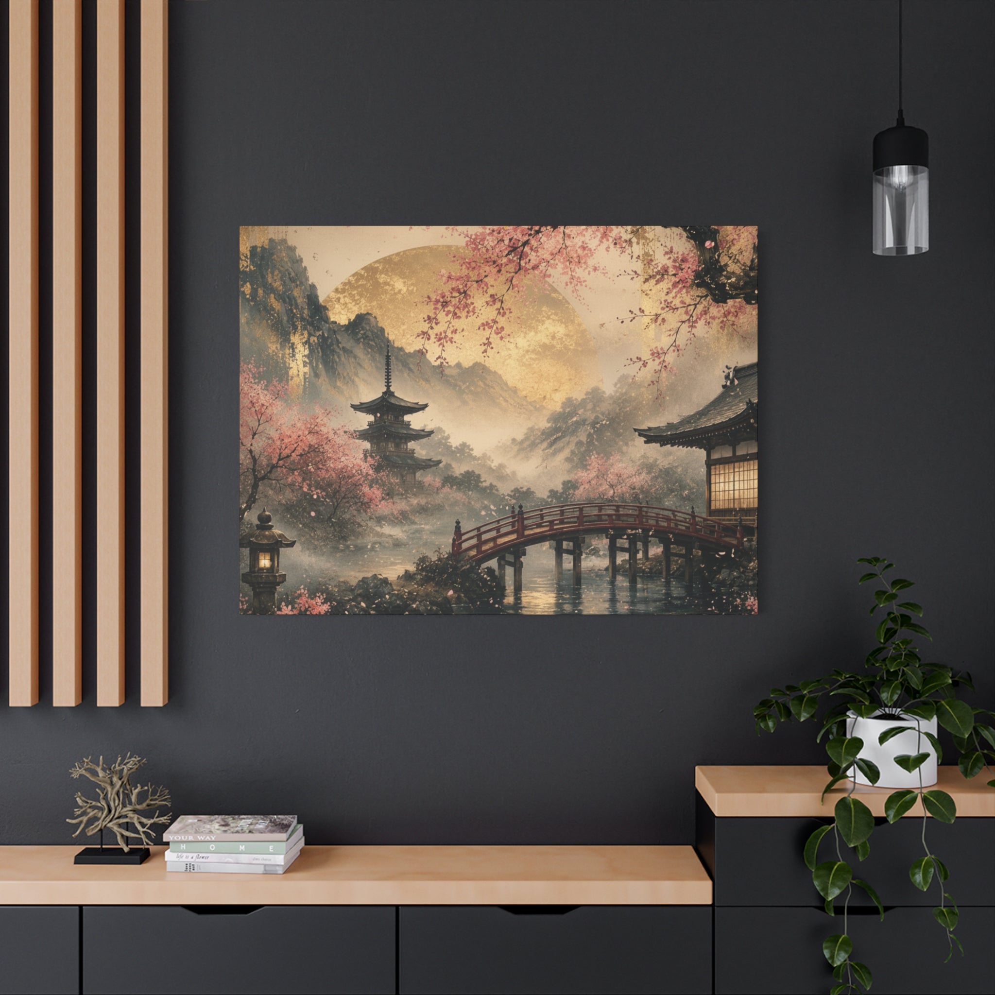 Japanese Garden Pagoda Bridge Matte Canvas | Cherry Blossom Landscape Wall Art