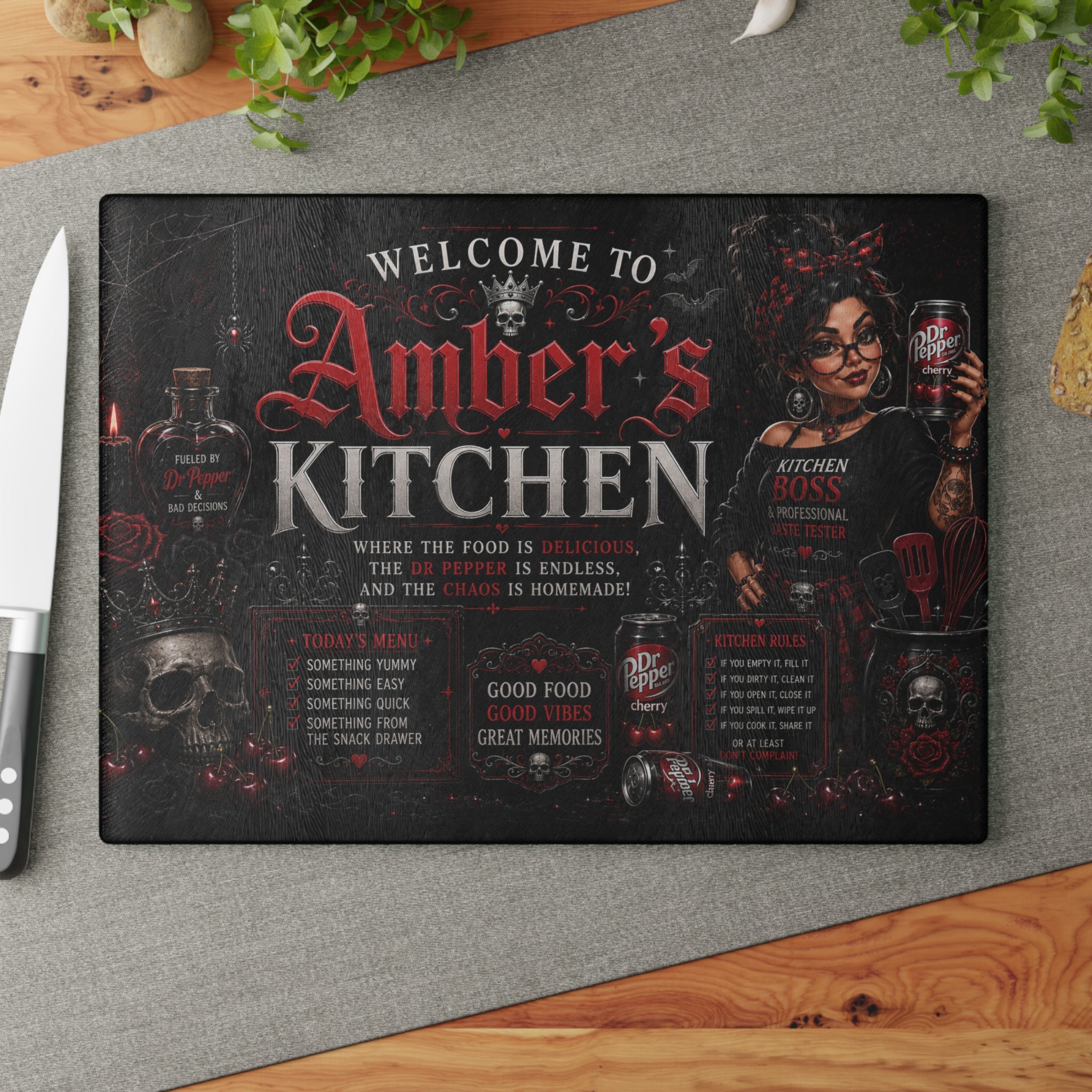 Personalized Gothic Glass Cutting Board - "Welcome to [Name]’s Kitchen"