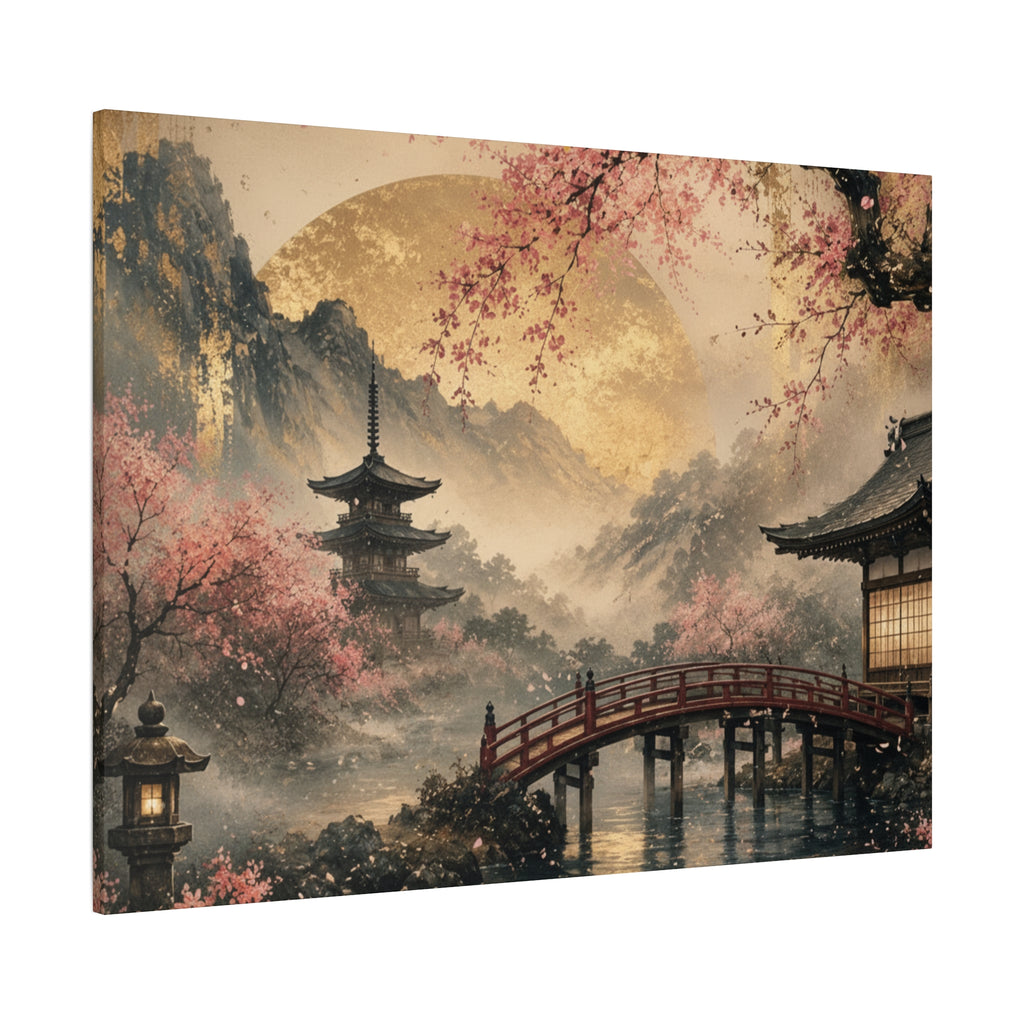 Japanese Garden Pagoda Bridge Matte Canvas | Cherry Blossom Landscape Wall Art