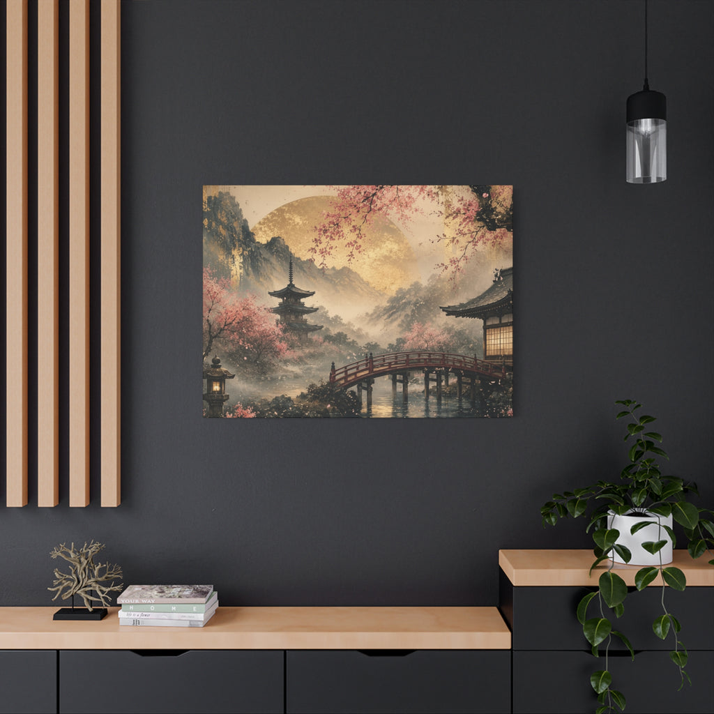 Japanese Garden Pagoda Bridge Matte Canvas | Cherry Blossom Landscape Wall Art