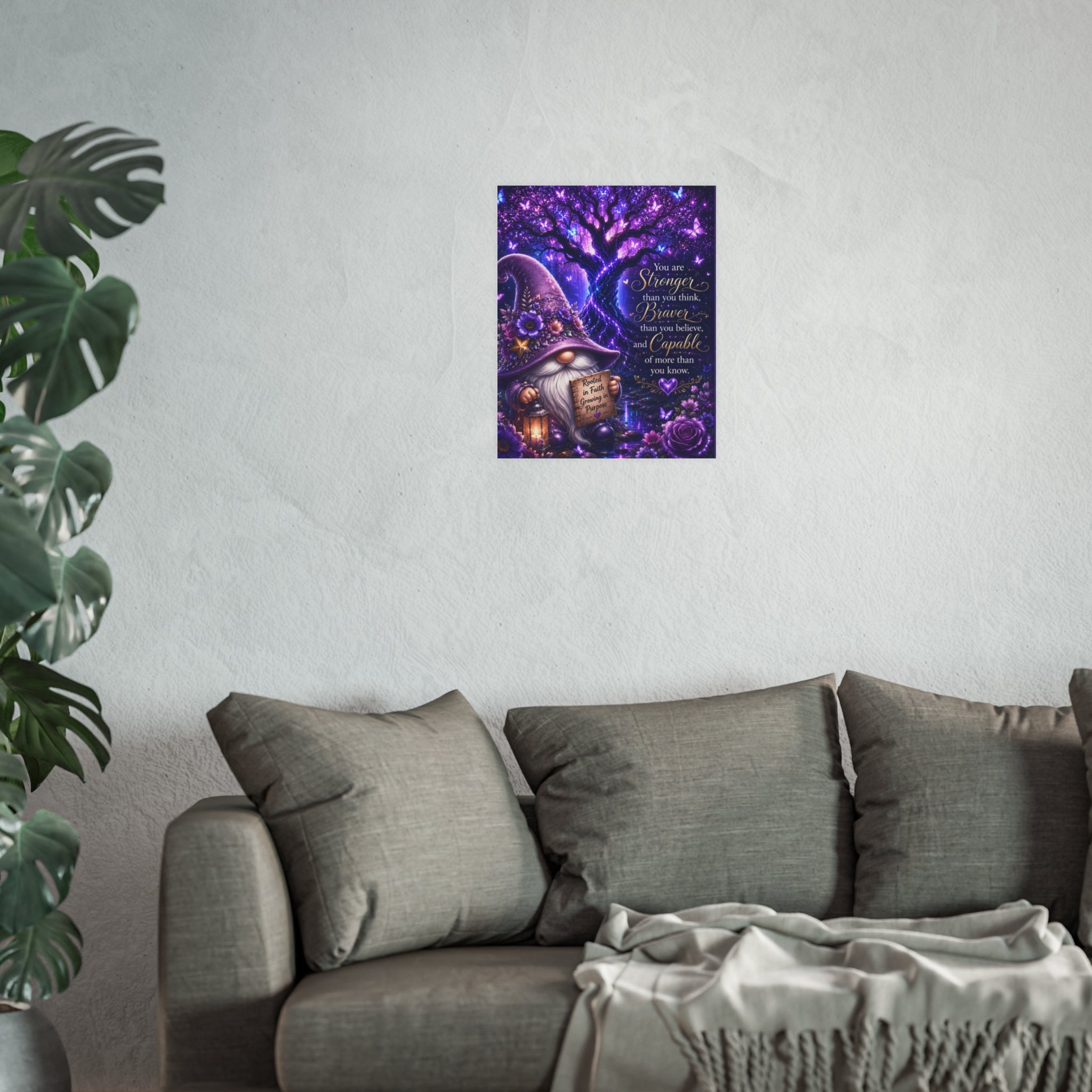 Inspirational Gnome Poster — "You Are Stronger, Braver, Capable" Purple Wall Art