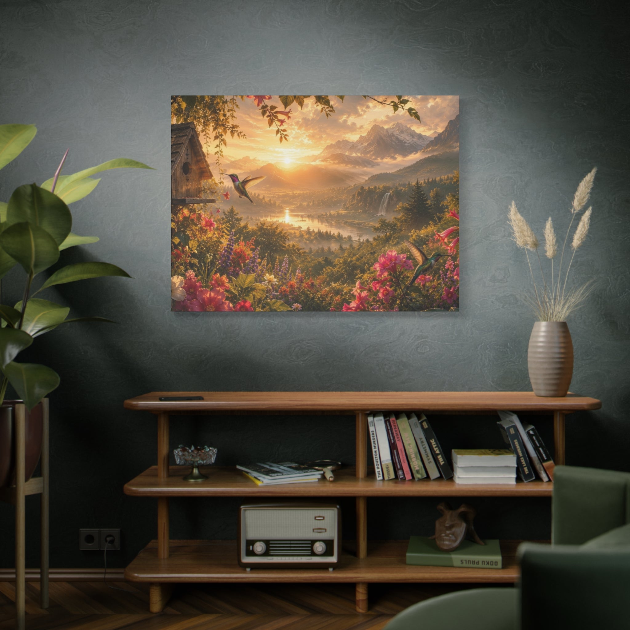 Hummingbird Sunset Landscape Canvas | Matte Stretched Wall Art 1.25"