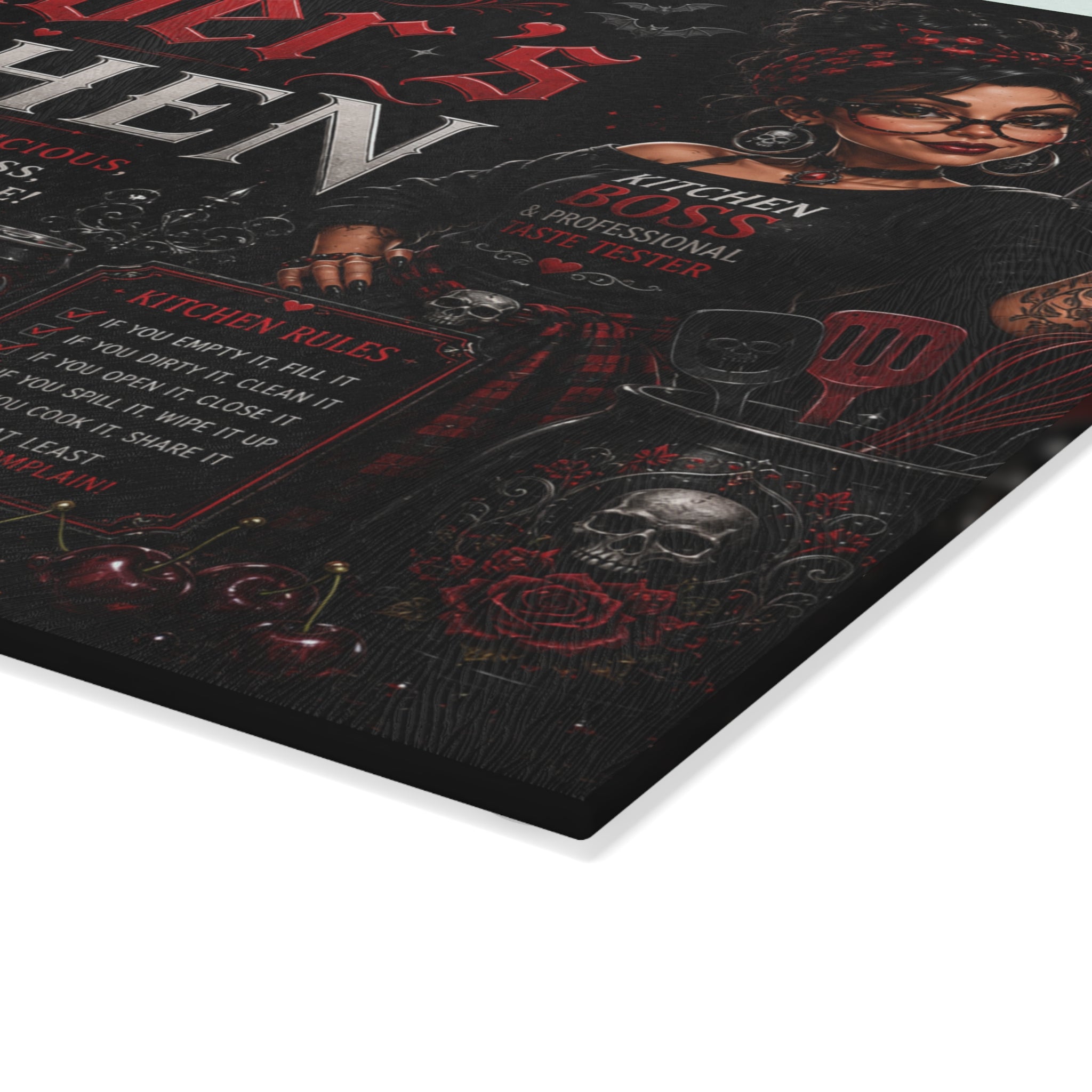 Personalized Gothic Glass Cutting Board - "Welcome to [Name]’s Kitchen"