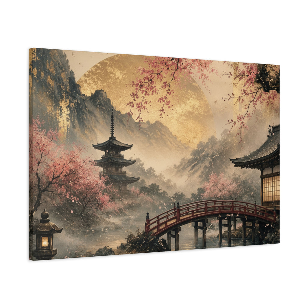 Japanese Garden Pagoda Bridge Matte Canvas | Cherry Blossom Landscape Wall Art