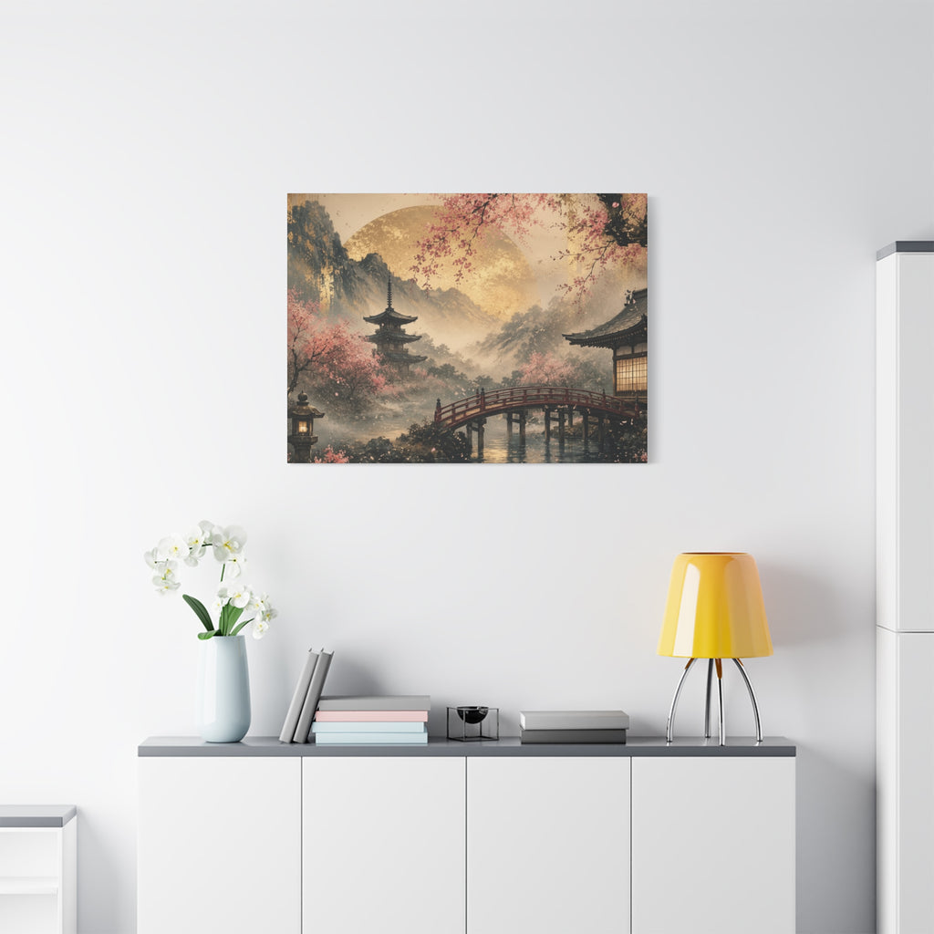 Japanese Garden Pagoda Bridge Matte Canvas | Cherry Blossom Landscape Wall Art