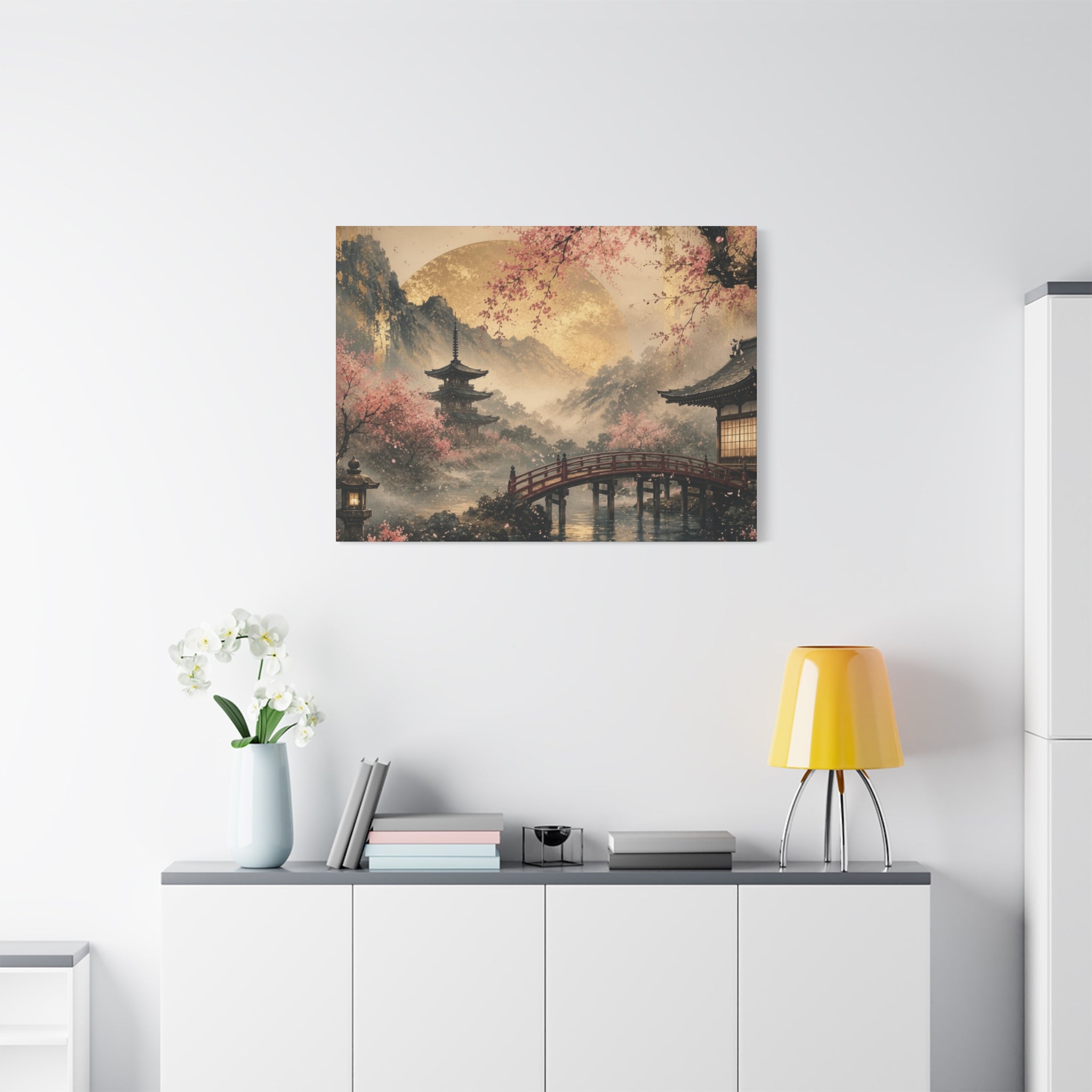 Japanese Garden Pagoda Bridge Matte Canvas | Cherry Blossom Landscape Wall Art