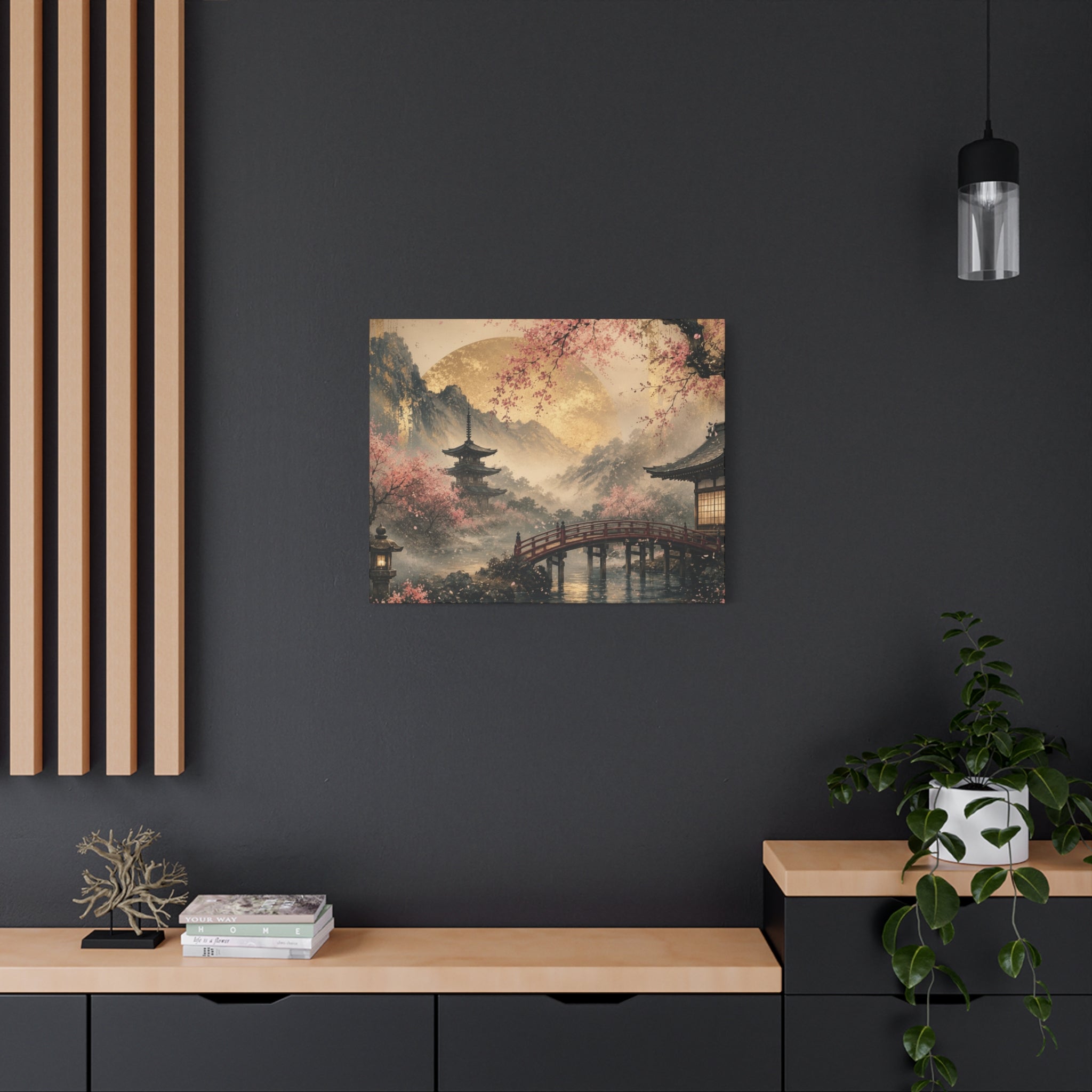Japanese Garden Pagoda Bridge Matte Canvas | Cherry Blossom Landscape Wall Art