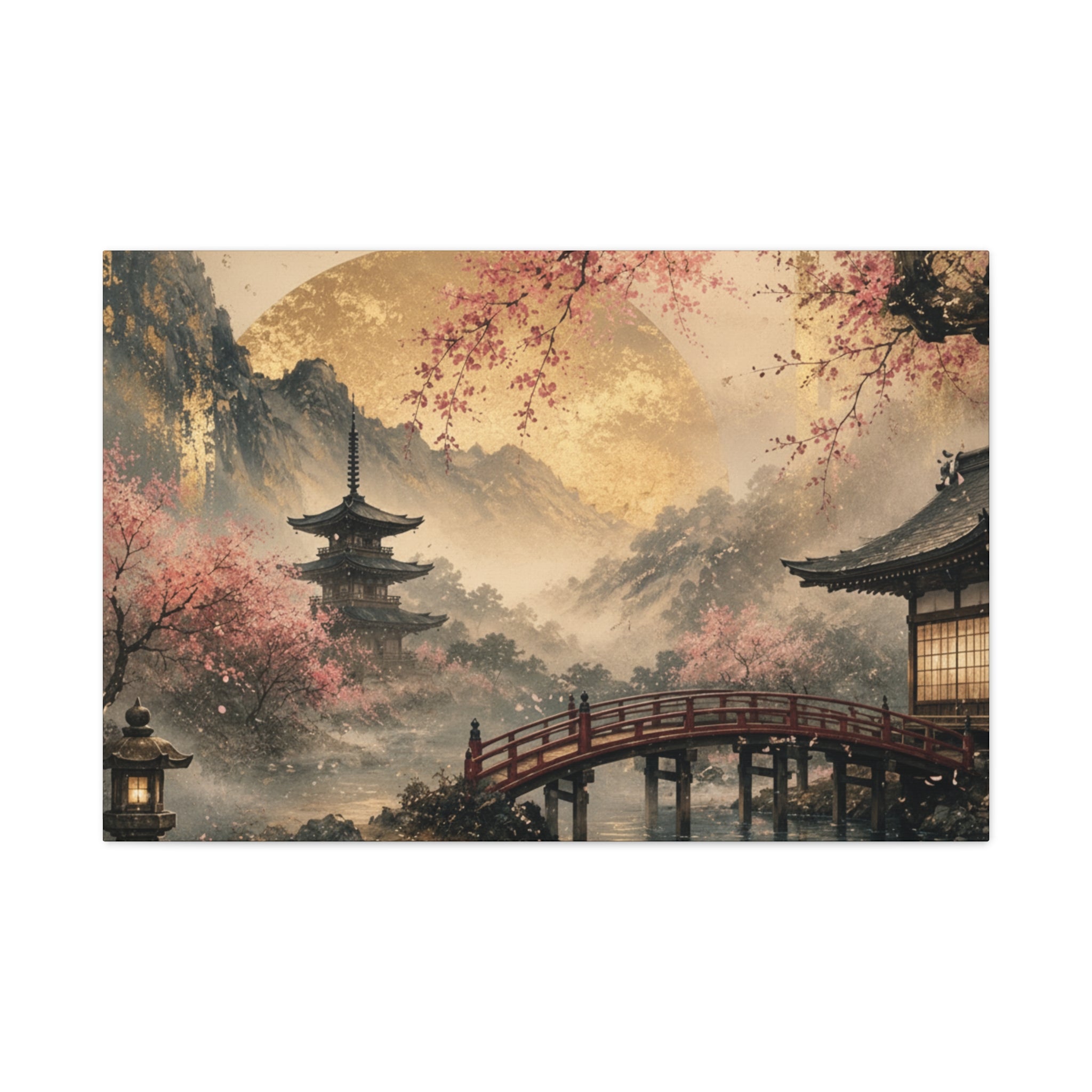Japanese Garden Pagoda Bridge Matte Canvas | Cherry Blossom Landscape Wall Art