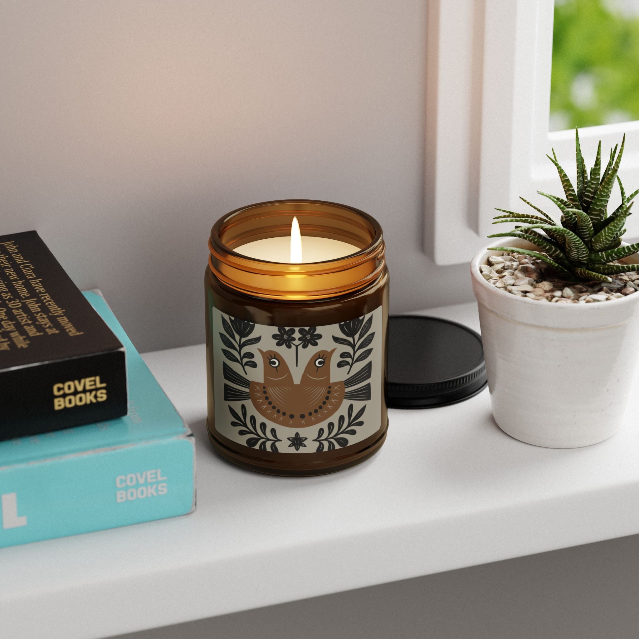 Folk Double Bird Illustration Candle | Amber Soy Jar