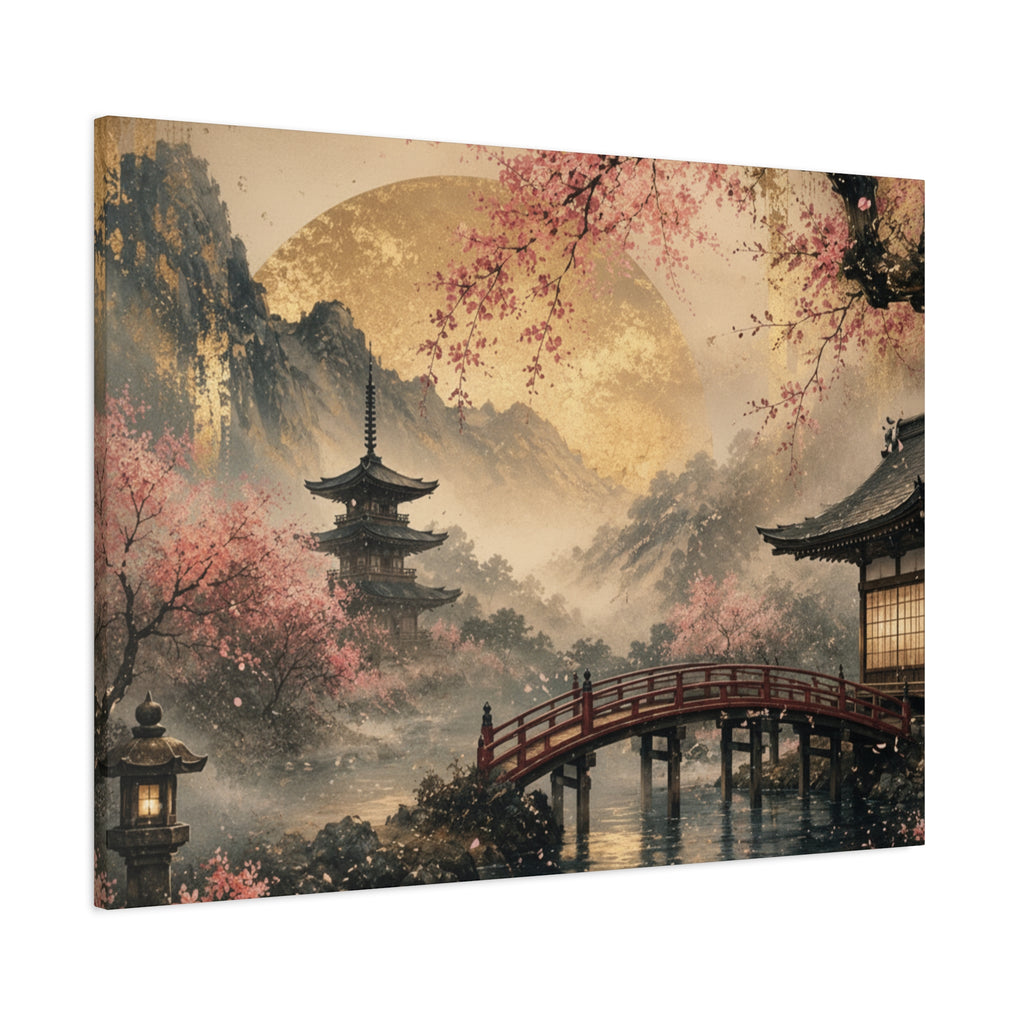 Japanese Garden Pagoda Bridge Matte Canvas | Cherry Blossom Landscape Wall Art