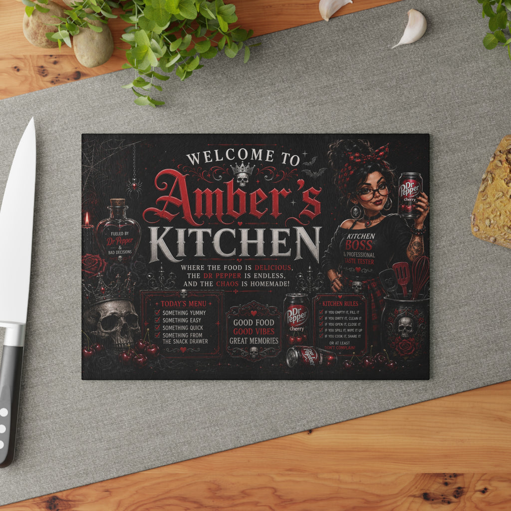 Personalized Gothic Glass Cutting Board - "Welcome to [Name]’s Kitchen"