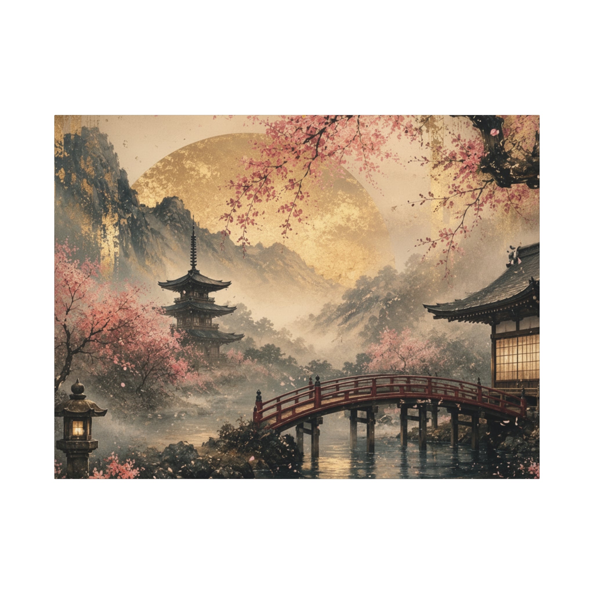 Japanese Garden Pagoda Bridge Matte Canvas | Cherry Blossom Landscape Wall Art