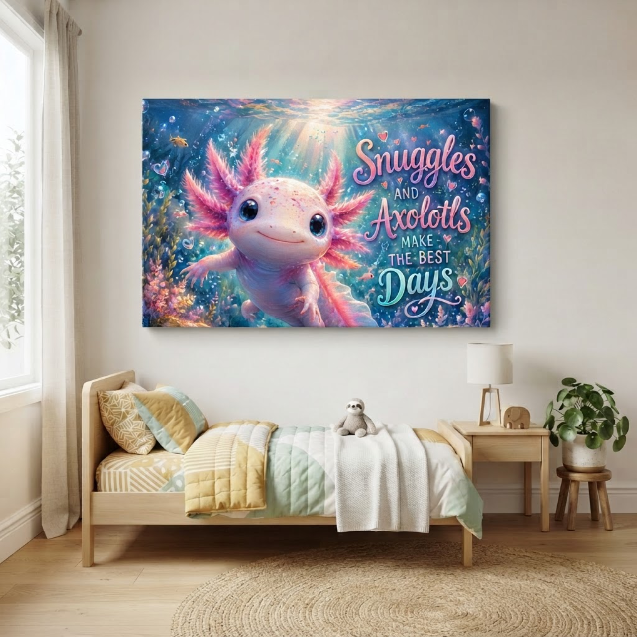 Axolotl Poster – "Snuggles and Axolotls Make the Best Days" Cute Underwater Wall Art (Satin & Matte)