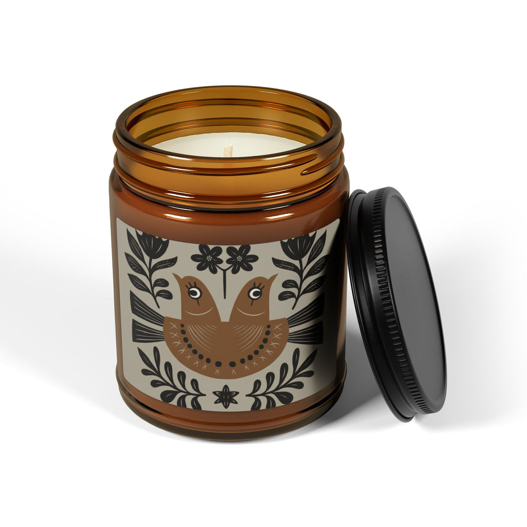 Folk Double Bird Illustration Candle | Amber Soy Jar