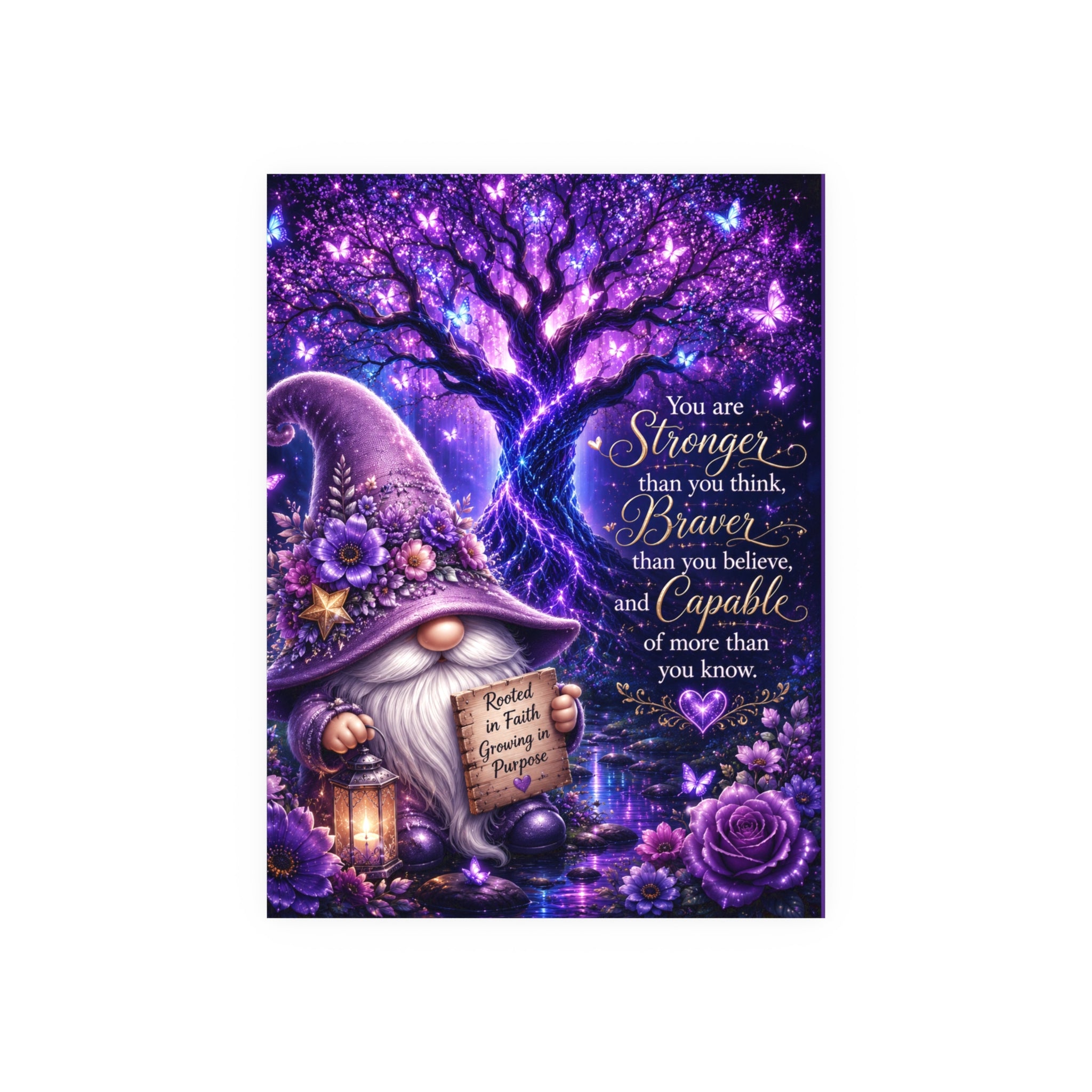 Inspirational Gnome Poster — "You Are Stronger, Braver, Capable" Purple Wall Art