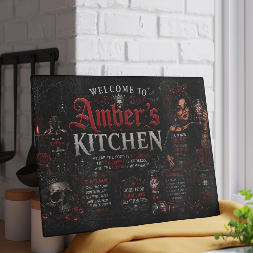 Personalized Gothic Glass Cutting Board - "Welcome to [Name]’s Kitchen"