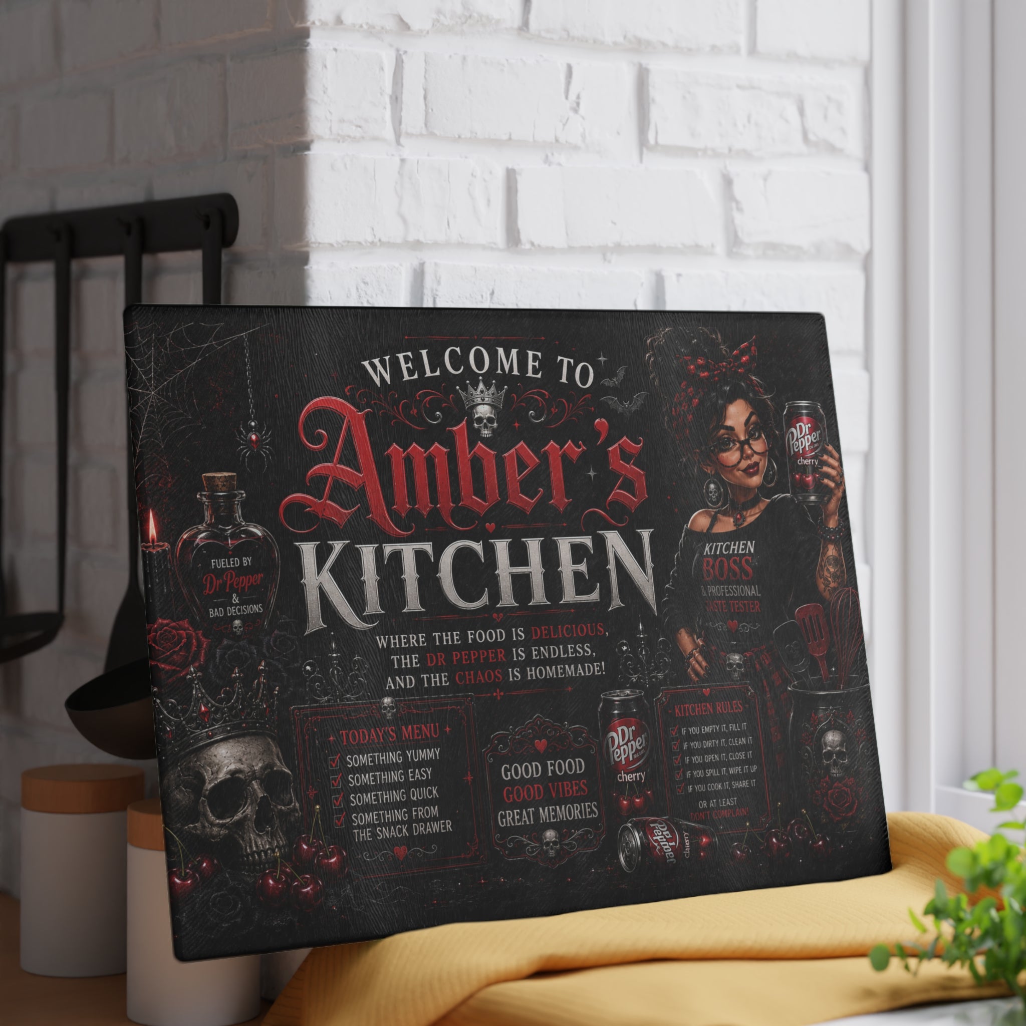Personalized Gothic Glass Cutting Board - "Welcome to [Name]’s Kitchen"