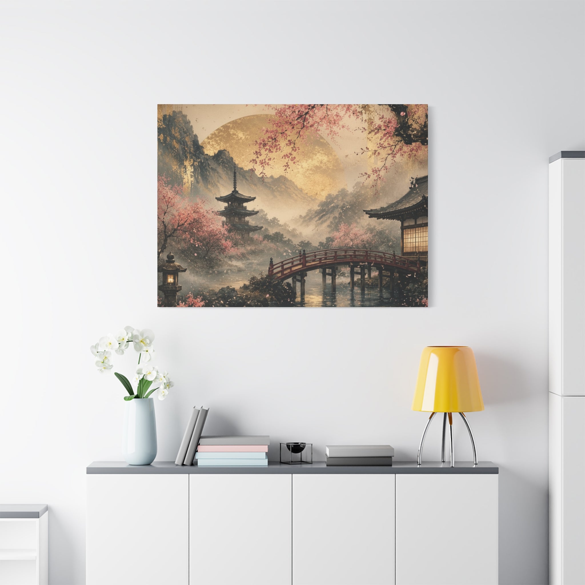 Japanese Garden Pagoda Bridge Matte Canvas | Cherry Blossom Landscape Wall Art