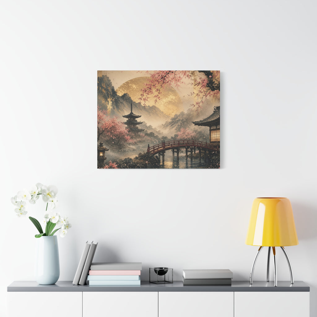 Japanese Garden Pagoda Bridge Matte Canvas | Cherry Blossom Landscape Wall Art