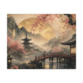 Japanese Garden Pagoda Bridge Matte Canvas | Cherry Blossom Landscape Wall Art