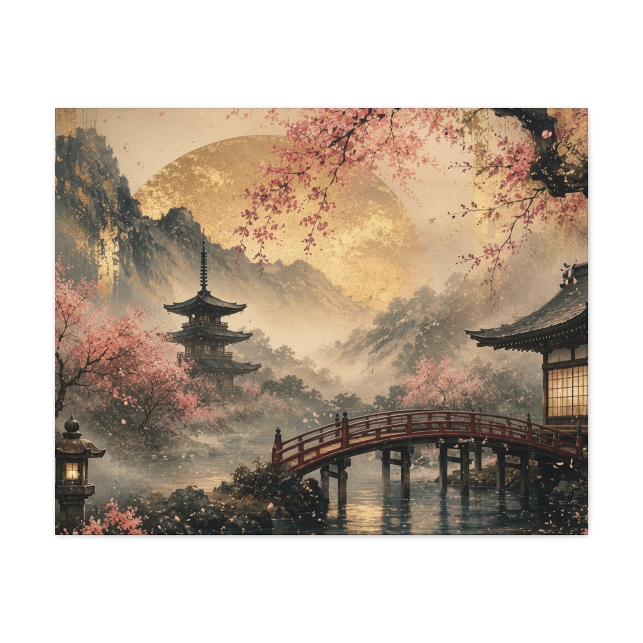 Japanese Garden Pagoda Bridge Matte Canvas | Cherry Blossom Landscape Wall Art
