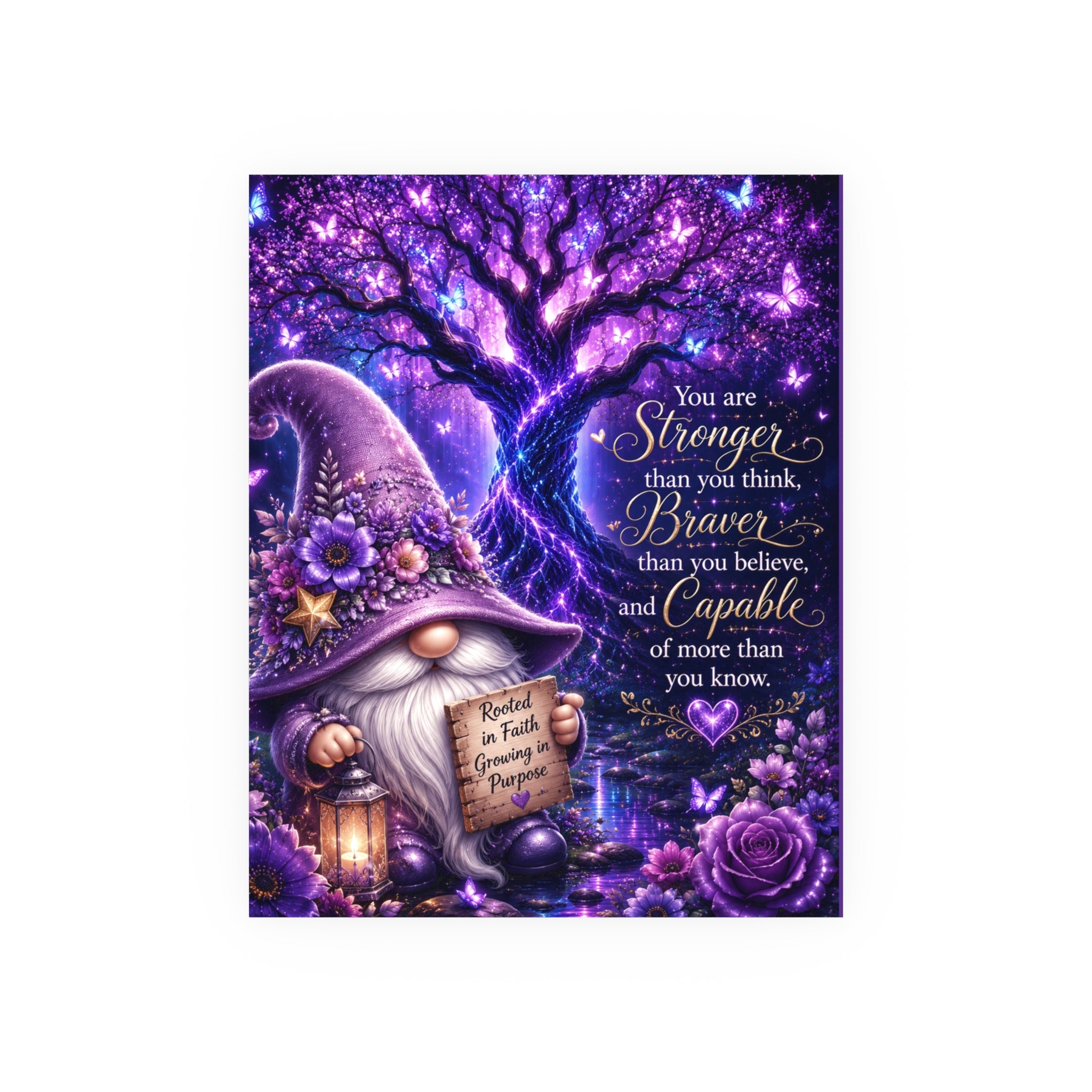Inspirational Gnome Poster — "You Are Stronger, Braver, Capable" Purple Wall Art