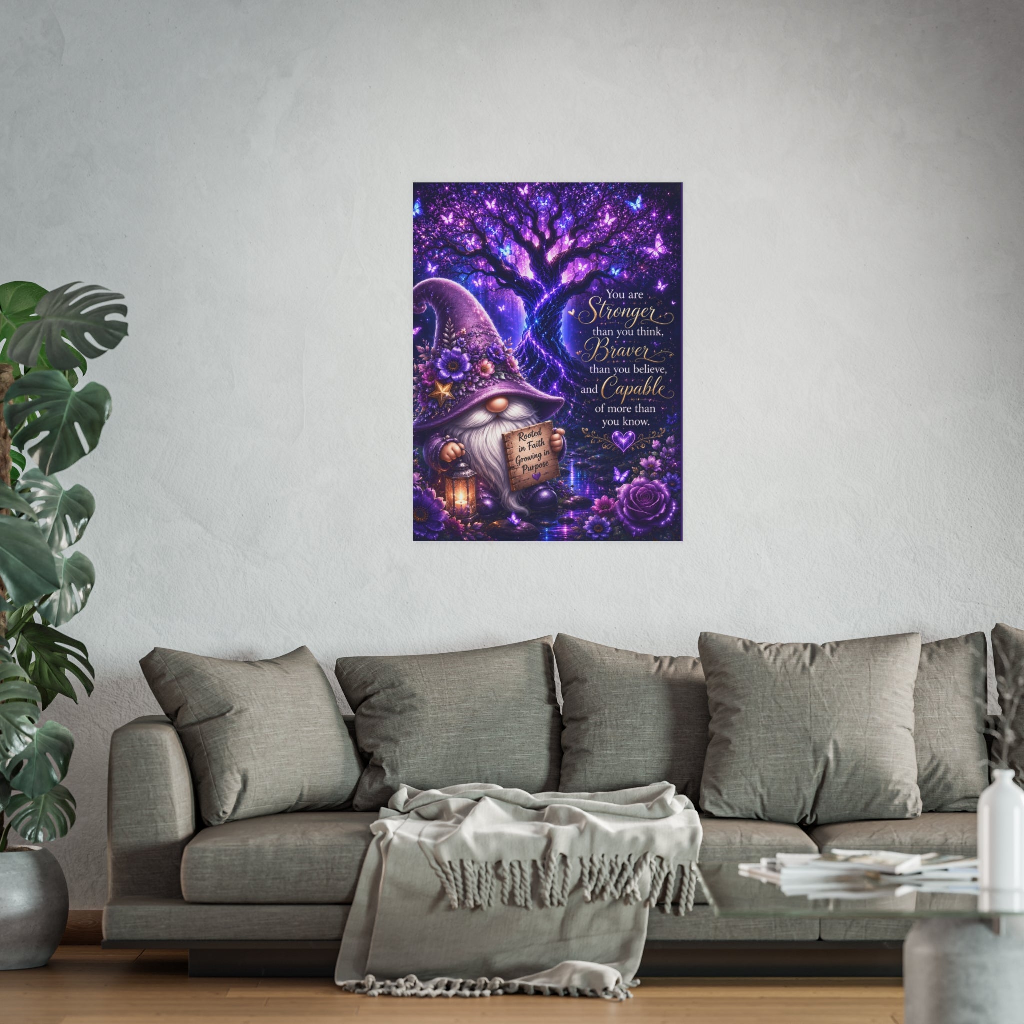 Inspirational Gnome Poster — "You Are Stronger, Braver, Capable" Purple Wall Art