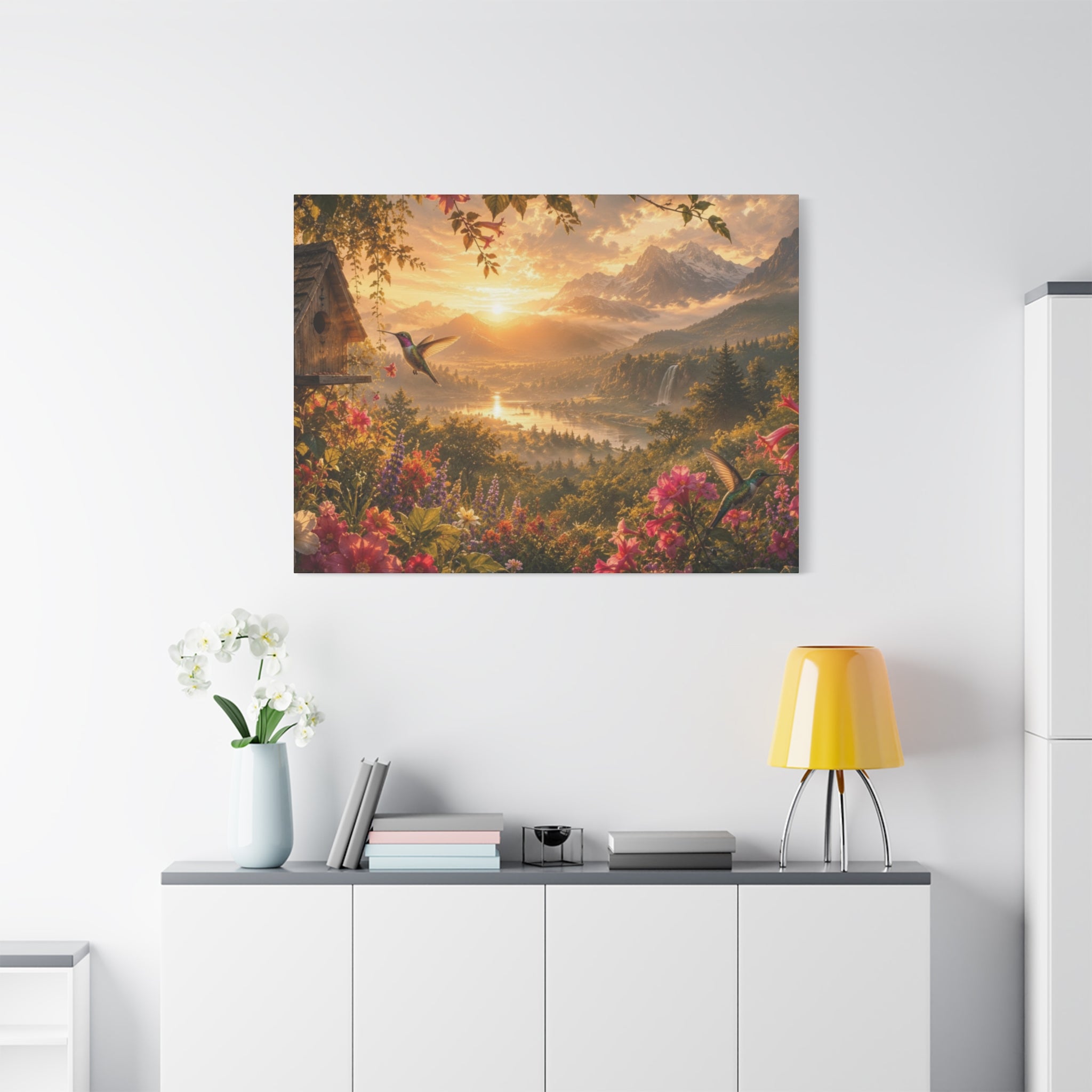 Hummingbird Sunset Landscape Canvas | Matte Stretched Wall Art 1.25"