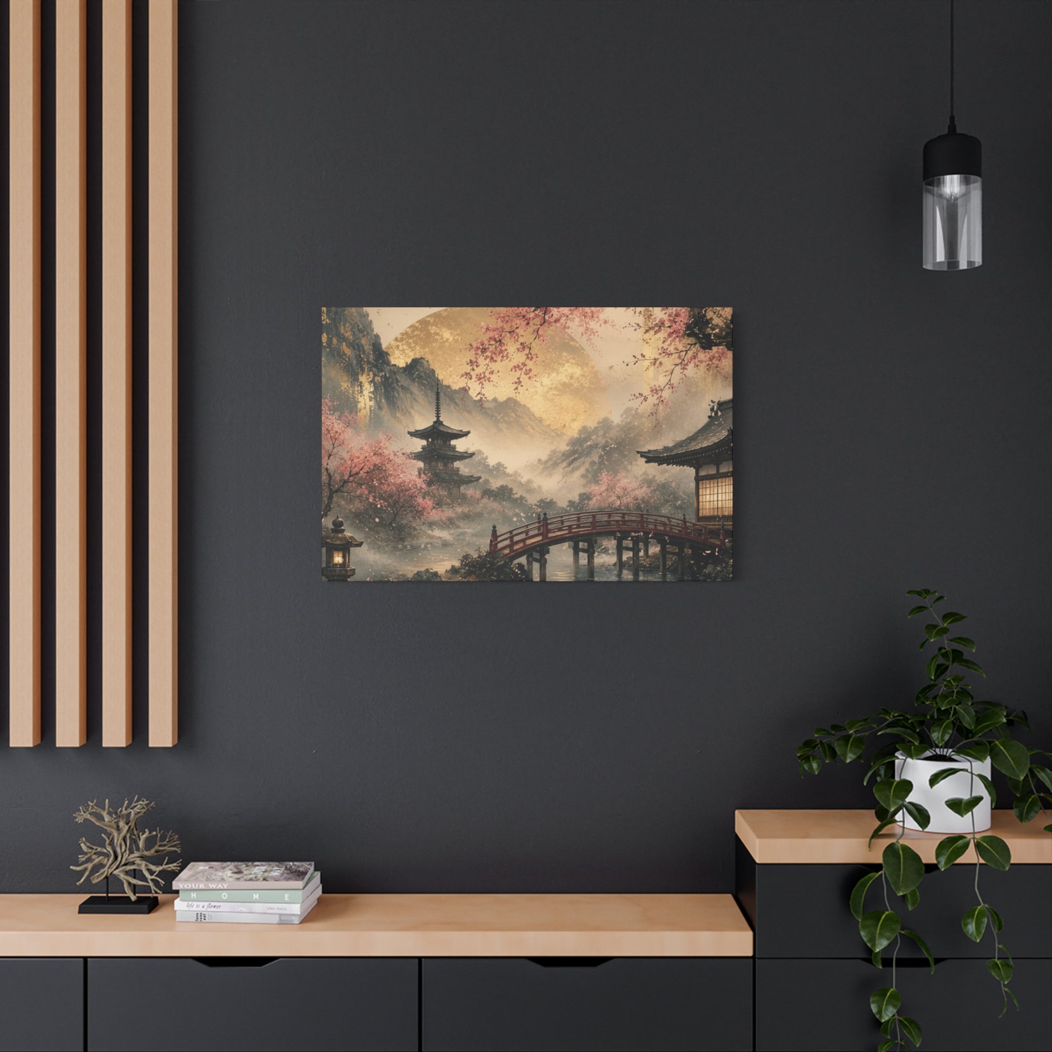 Japanese Garden Pagoda Bridge Matte Canvas | Cherry Blossom Landscape Wall Art