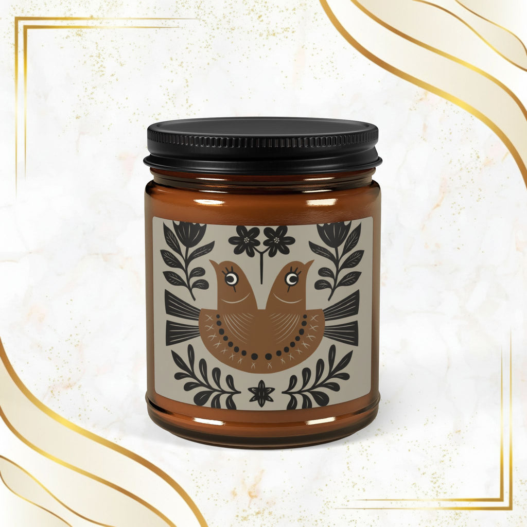Folk Double Bird Illustration Candle | Amber Soy Jar