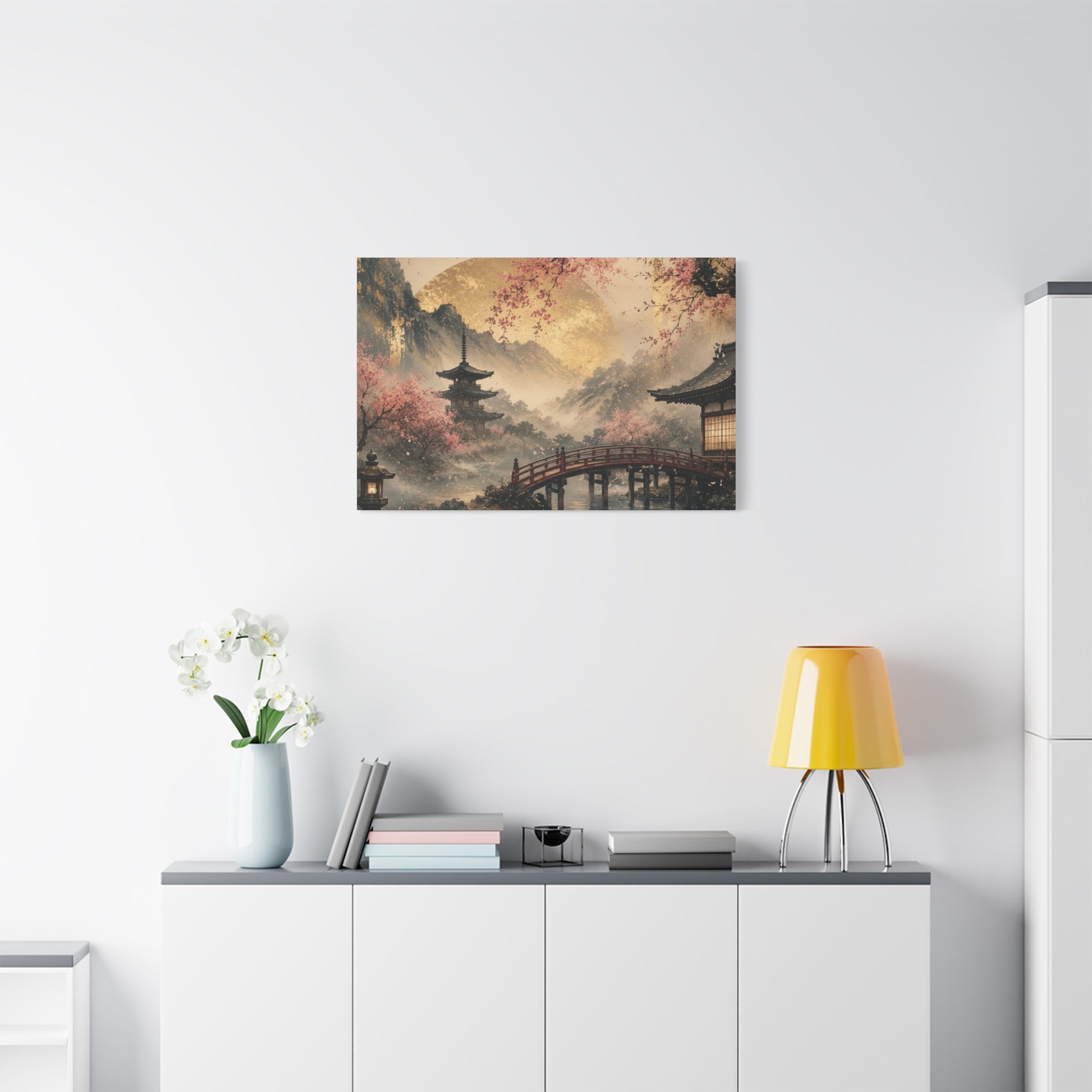 Japanese Garden Pagoda Bridge Matte Canvas | Cherry Blossom Landscape Wall Art