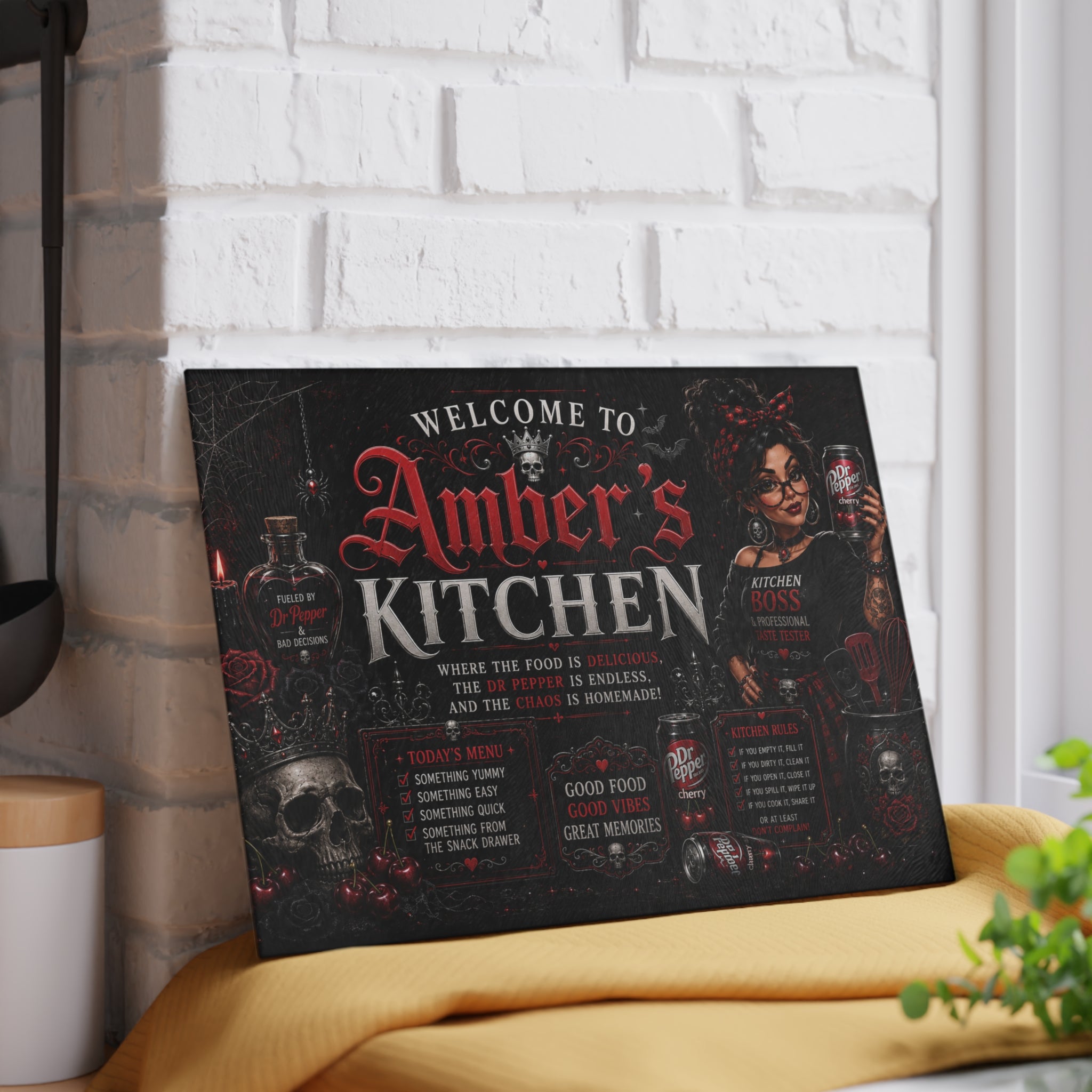 Personalized Gothic Glass Cutting Board - "Welcome to [Name]’s Kitchen"