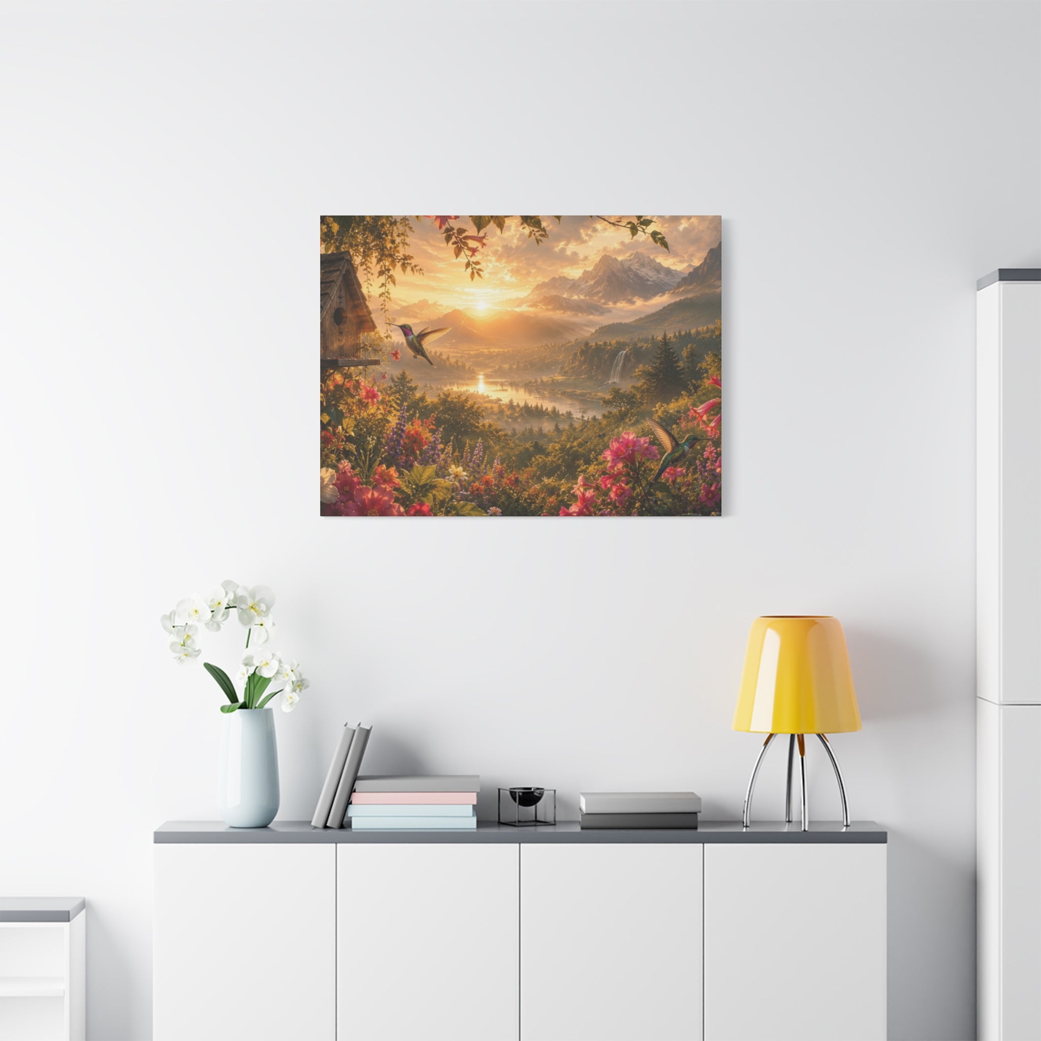 Hummingbird Sunset Landscape Canvas | Matte Stretched Wall Art 1.25"